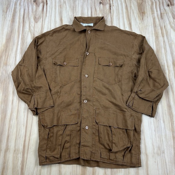 Annette Dean Tops - Annette Dean Women 100% Linen Heavyweight Chore Button Shirt Brown RARE Fits L